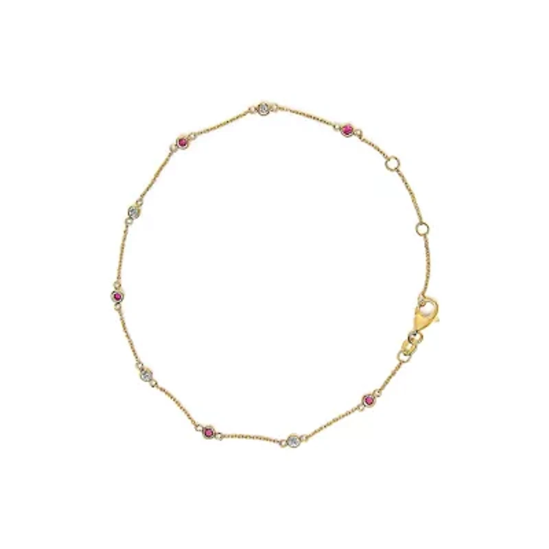 14K Yellow Gold Alternating Red Ruby and White Diamond Bezel Station Chain Bracelet