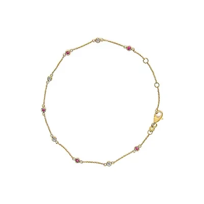 14K Yellow Gold Alternating Red Ruby and White Diamond Bezel Station Chain Bracelet