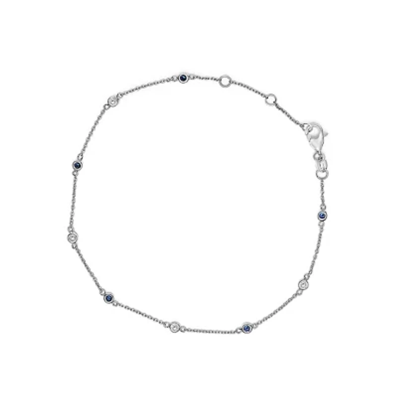 14K White Gold Alternating Blue Sapphire and White Diamond Bezel Station Chain Bracelet
