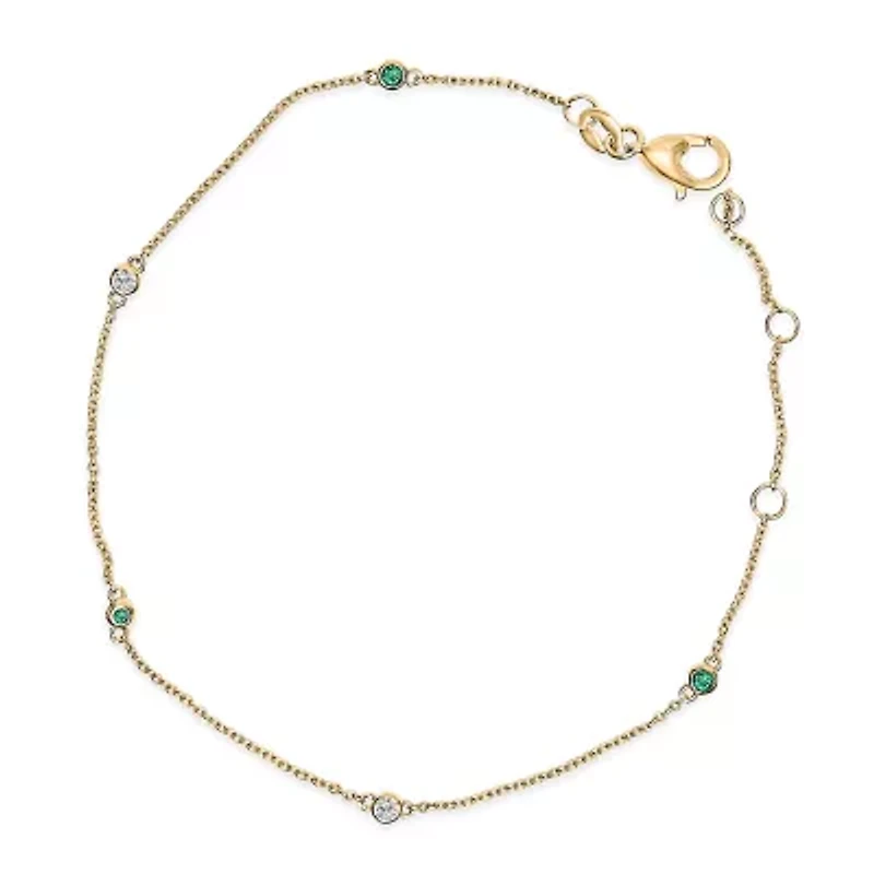14K Yellow Gold Alternating Green Emerald and Diamond Bezel Station Chain Bracelet