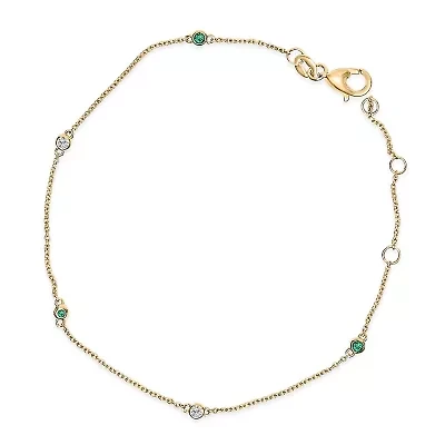14K Yellow Gold Alternating Green Emerald and Diamond Bezel Station Chain Bracelet