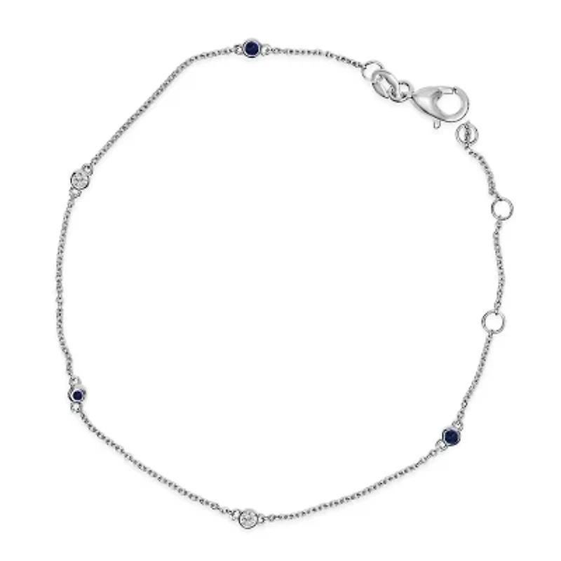 14K White Gold Alternating Blue Sapphire and Diamond Bezel Station Chain Bracelet