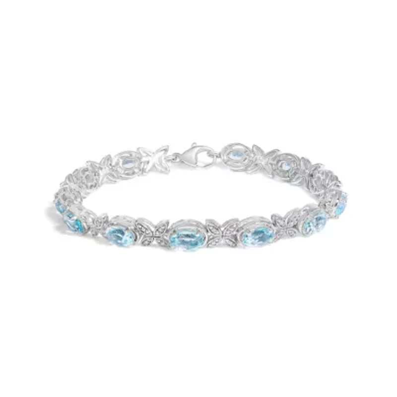 Silver Oval Blue Topaz Diamond Butterfly Link Bracelet - Size 7" Inches