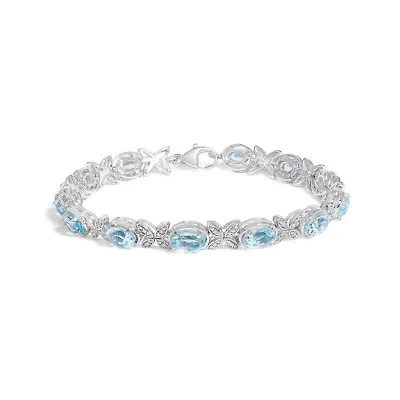 Silver Oval Blue Topaz Diamond Butterfly Link Bracelet - Size 7" Inches