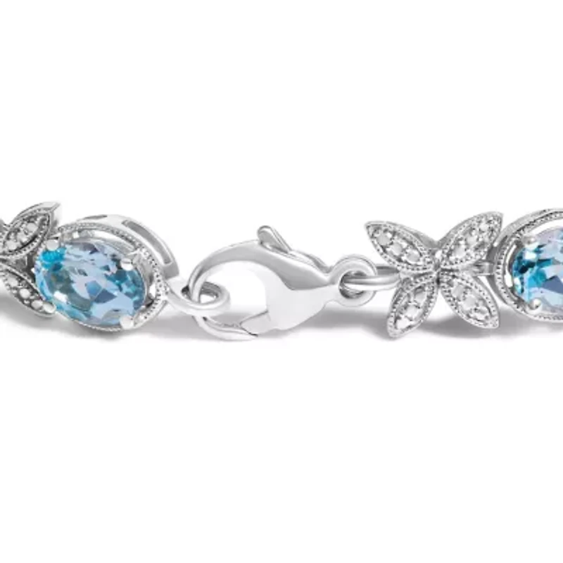 Silver Oval Blue Topaz Diamond Butterfly Link Bracelet - Size 7" Inches