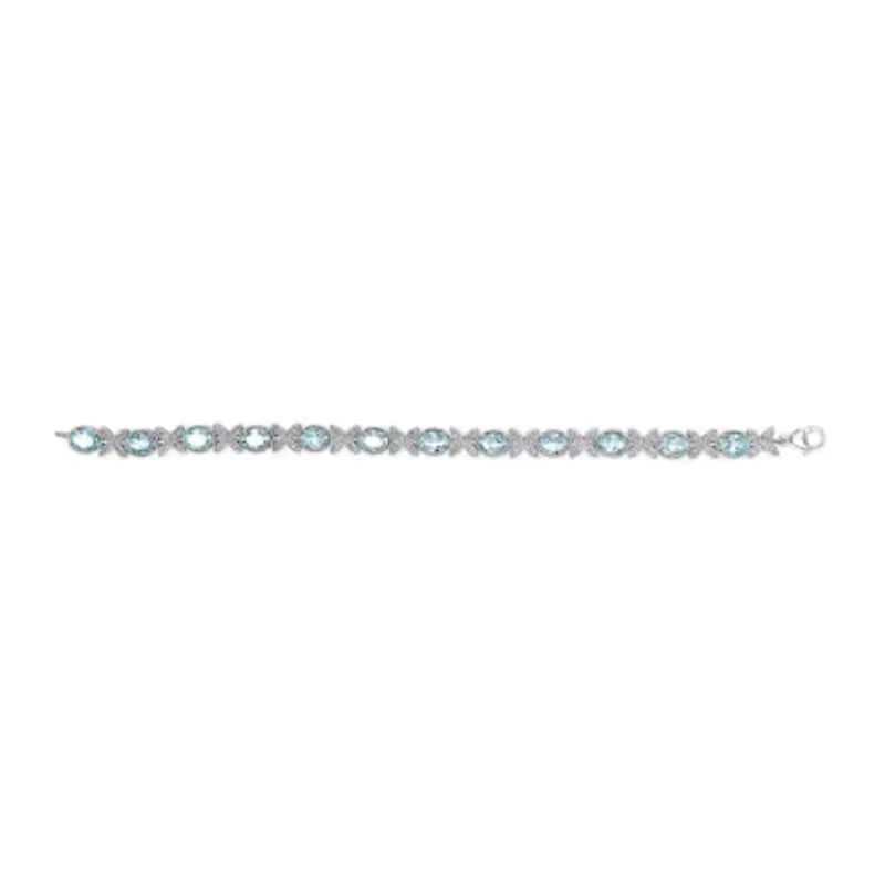 Silver Oval Blue Topaz Diamond Butterfly Link Bracelet - Size 7" Inches