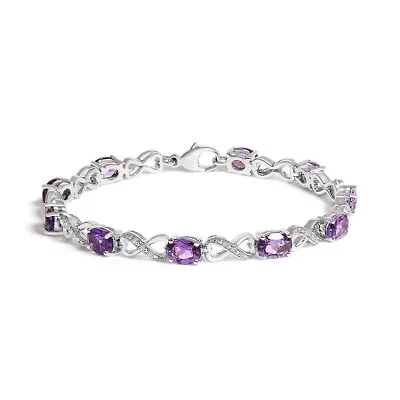 Silver Oval Purple Amethyst and Diamond Infinity Link Bracelet - 7" Inches