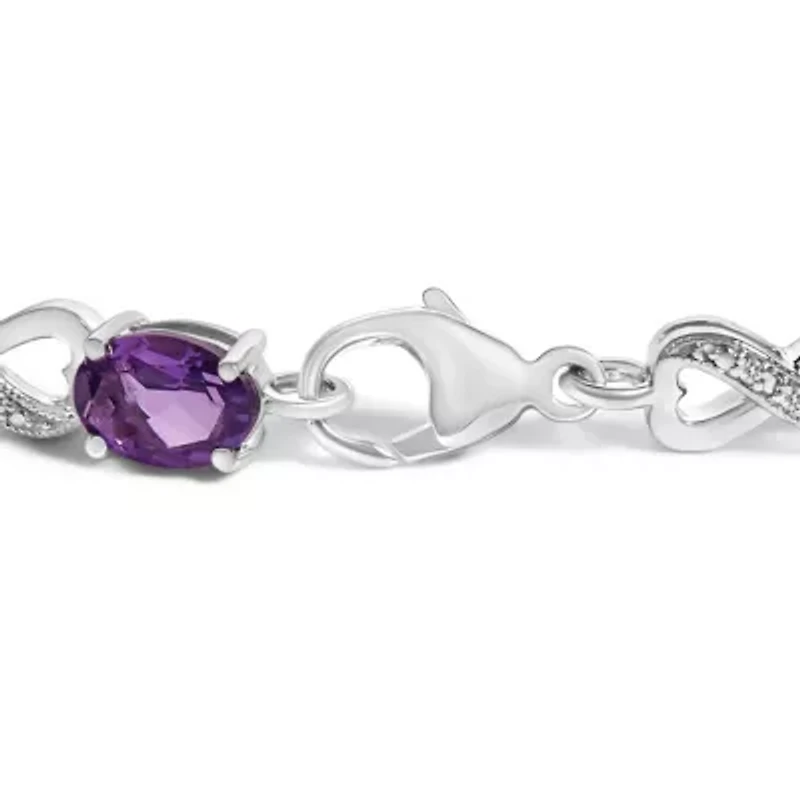 Silver Oval Purple Amethyst and Diamond Infinity Link Bracelet - 7" Inches
