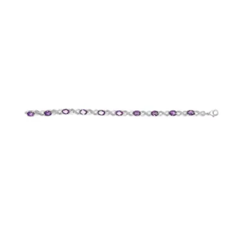Silver Oval Purple Amethyst and Diamond Infinity Link Bracelet - 7" Inches