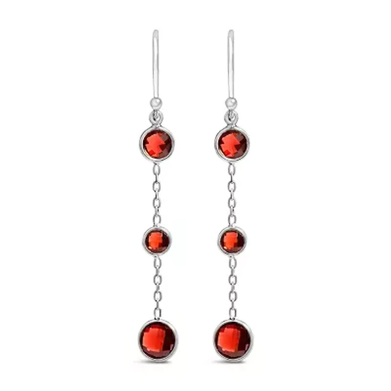 .925 Sterling Silver Graduating Bezel Set Red Garnet Dangle Earring