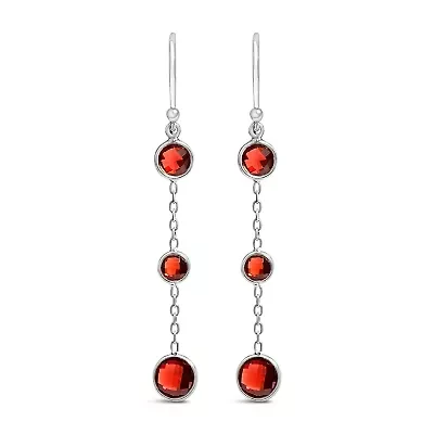 .925 Sterling Silver Graduating Bezel Set Red Garnet Dangle Earring