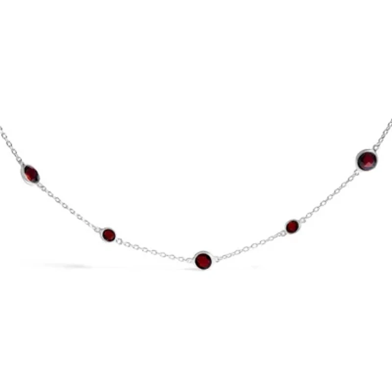 .925 Sterling Silver Checkerboard Cut Red Garnet Bezel Station Necklace - 22" Inches