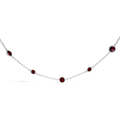 .925 Sterling Silver Checkerboard Cut Red Garnet Bezel Station Necklace - 22" Inches