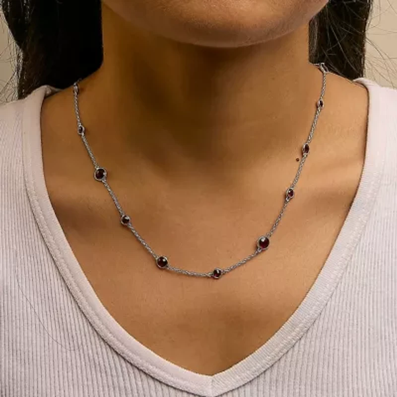 .925 Sterling Silver Checkerboard Cut Red Garnet Bezel Station Necklace - 22" Inches