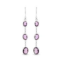 Silver Checkerboard Oval Purple Amethyst 2" Inch Drop and Dangle Earrings