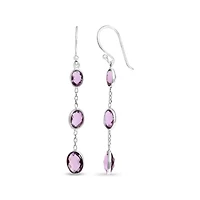 Silver Checkerboard Oval Purple Amethyst 2" Inch Drop and Dangle Earrings