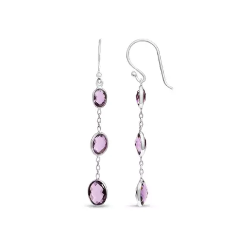 Silver Checkerboard Oval Purple Amethyst 2" Inch Drop and Dangle Earrings