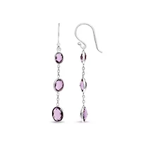 Silver Checkerboard Oval Purple Amethyst 2" Inch Drop and Dangle Earrings