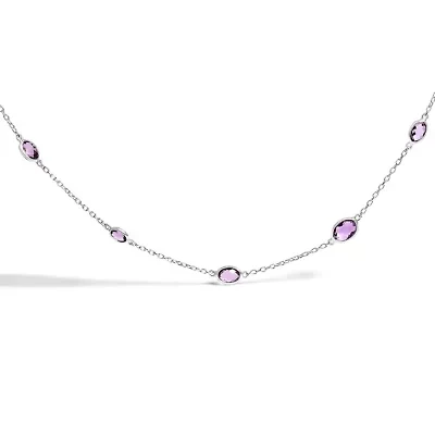 Silver Checkerboard Cut Purple Amethyst Bezel Station Necklace - 22" Inches