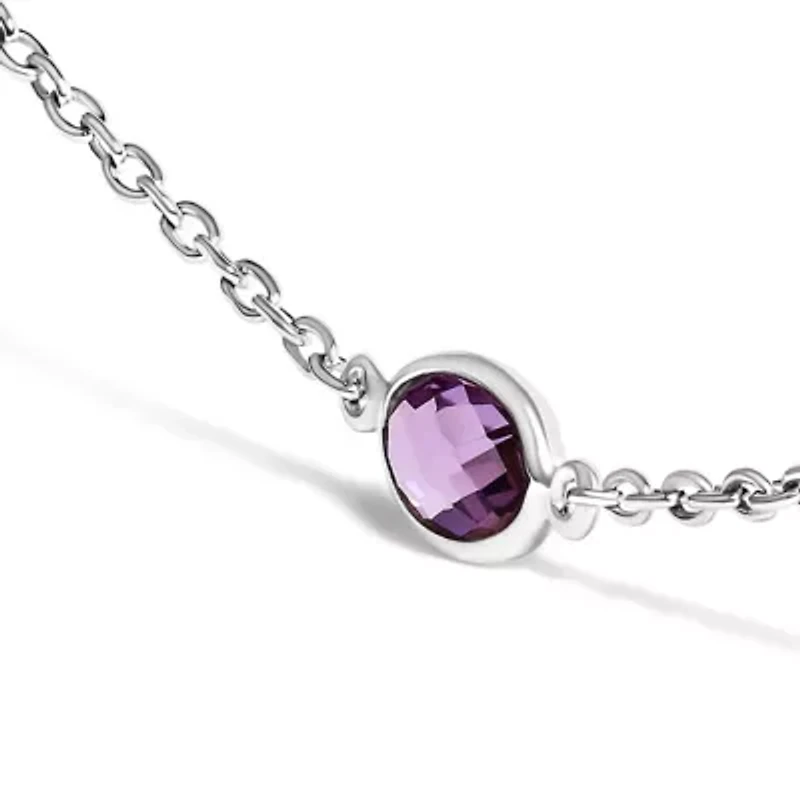 Silver Checkerboard Cut Purple Amethyst Bezel Station Necklace - 22" Inches