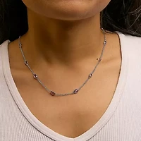 Silver Checkerboard Cut Purple Amethyst Bezel Station Necklace - 22" Inches