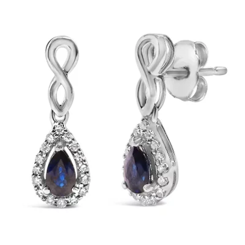 10K White Gold Pear Blue Sapphire 1/7 Ct Diamond Infinity Drop and Dangle Earrings