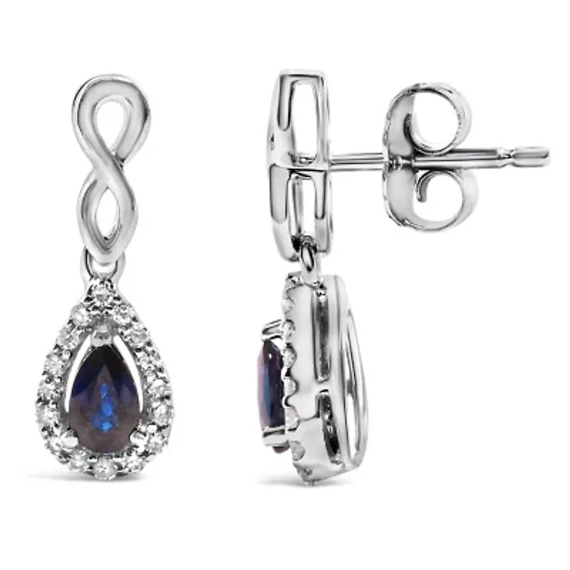 10K White Gold Pear Blue Sapphire 1/7 Ct Diamond Infinity Drop and Dangle Earrings