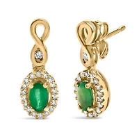 10K Yellow Gold Oval Green Emerald 5x3 mm and 1/7 Ct Diamond Dangle Earrings