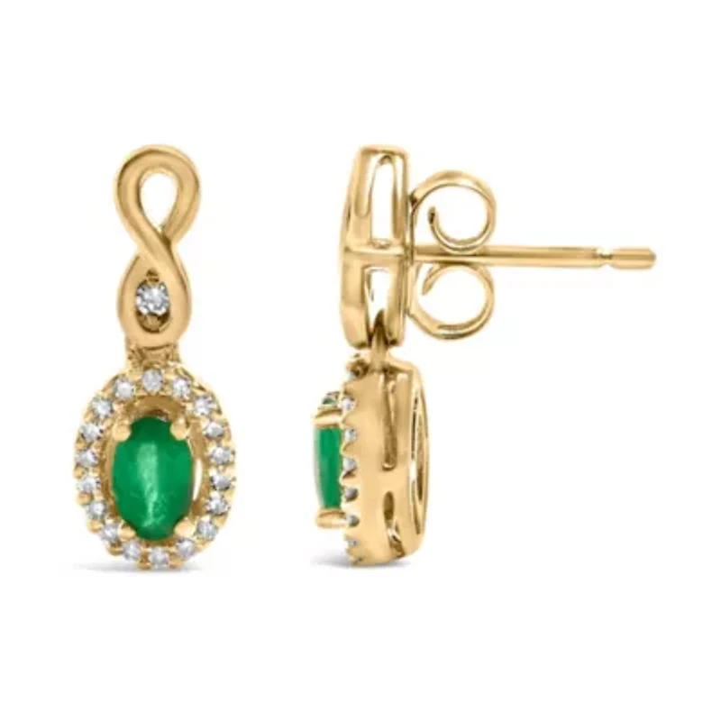 10K Yellow Gold Oval Green Emerald 5x3 mm and 1/7 Ct Diamond Dangle Earrings