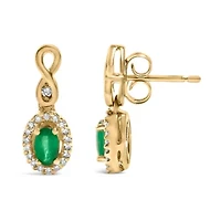 10K Yellow Gold Oval Green Emerald 5x3 mm and 1/7 Ct Diamond Dangle Earrings