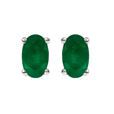 14K White Gold 5x3 MM Oval Green Emerald Solitaire Stud Earrings