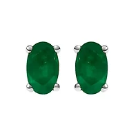 14K White Gold 5x3 MM Oval Green Emerald Solitaire Stud Earrings