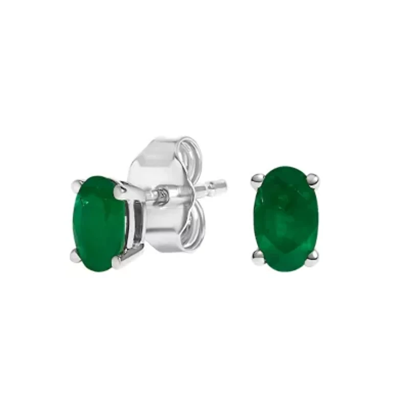 14K White Gold 5x3 MM Oval Green Emerald Solitaire Stud Earrings
