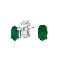 14K White Gold 5x3 MM Oval Green Emerald Solitaire Stud Earrings