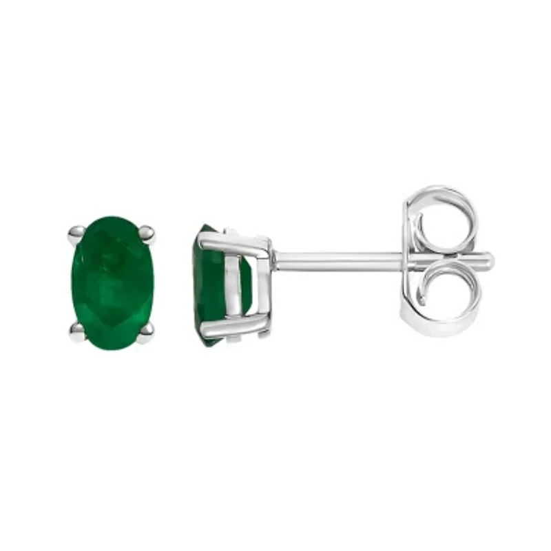 14K White Gold 5x3 MM Oval Green Emerald Solitaire Stud Earrings