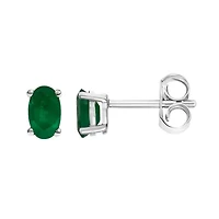 14K White Gold 5x3 MM Oval Green Emerald Solitaire Stud Earrings