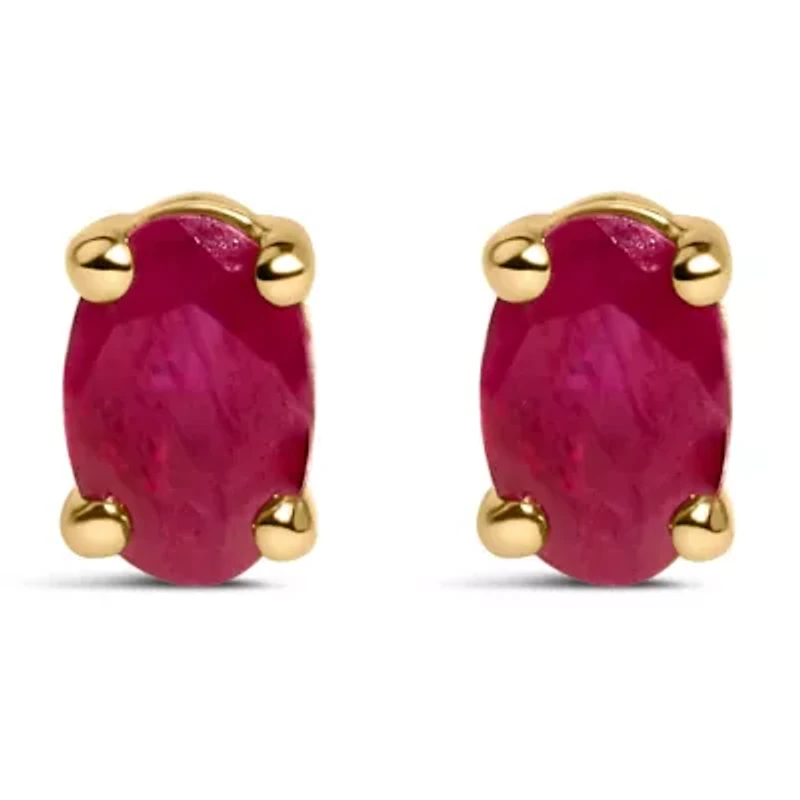 14K Yellow Gold 5x3 MM Oval Red Ruby Solitaire Stud Earrings