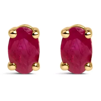 14K Yellow Gold 5x3 MM Oval Red Ruby Solitaire Stud Earrings