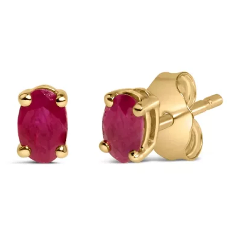 14K Yellow Gold 5x3 MM Oval Red Ruby Solitaire Stud Earrings