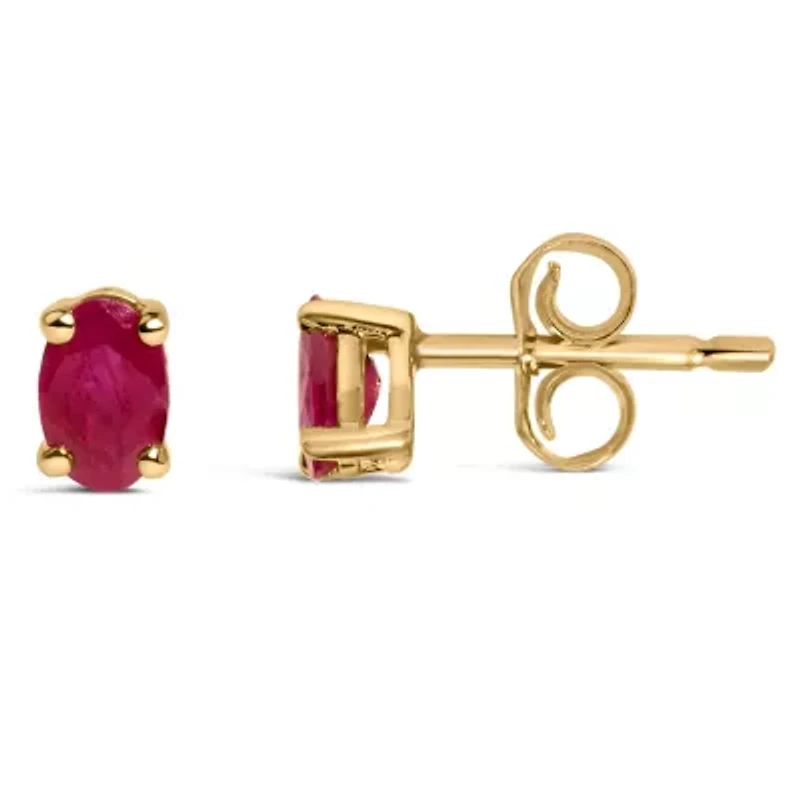 14K Yellow Gold 5x3 MM Oval Red Ruby Solitaire Stud Earrings