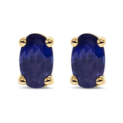 14K Yellow Gold 5x3 MM Oval Blue Sapphire Solitaire Stud Earrings