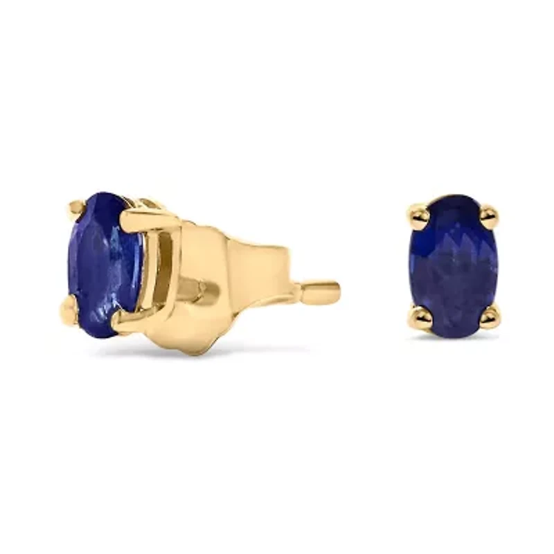 14K Yellow Gold 5x3 MM Oval Blue Sapphire Solitaire Stud Earrings