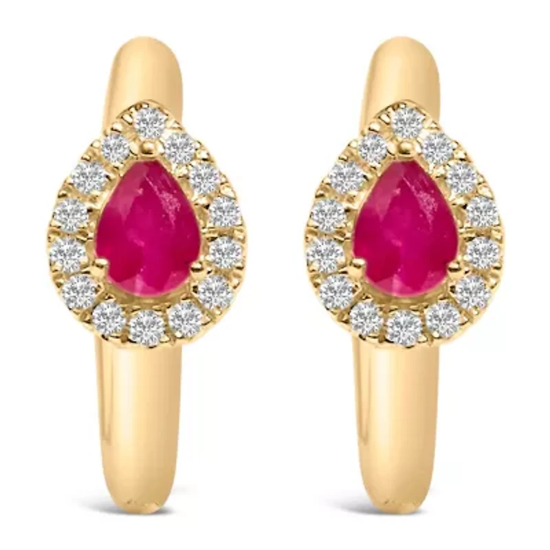 10K Yellow Gold Pear Red Ruby 4x3 mm and 1/10 Ct Round Diamond Huggy Earrings