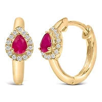 10K Yellow Gold Pear Red Ruby 4x3 mm and 1/10 Ct Round Diamond Huggy Earrings