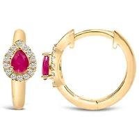 10K Yellow Gold Pear Red Ruby 4x3 mm and 1/10 Ct Round Diamond Huggy Earrings