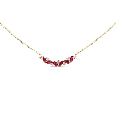 14K Yellow Gold Red Ruby and Diamond Trio Bar Line Necklace - 18 inch