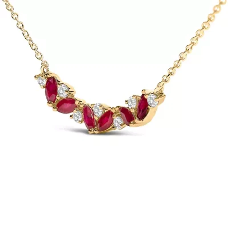 14K Yellow Gold Red Ruby and Diamond Trio Bar Line Necklace - 18 inch