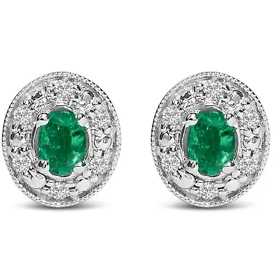 14K White Gold Oval Green Emerald and 1/10 Ct Diamond Halo Stud Earrings