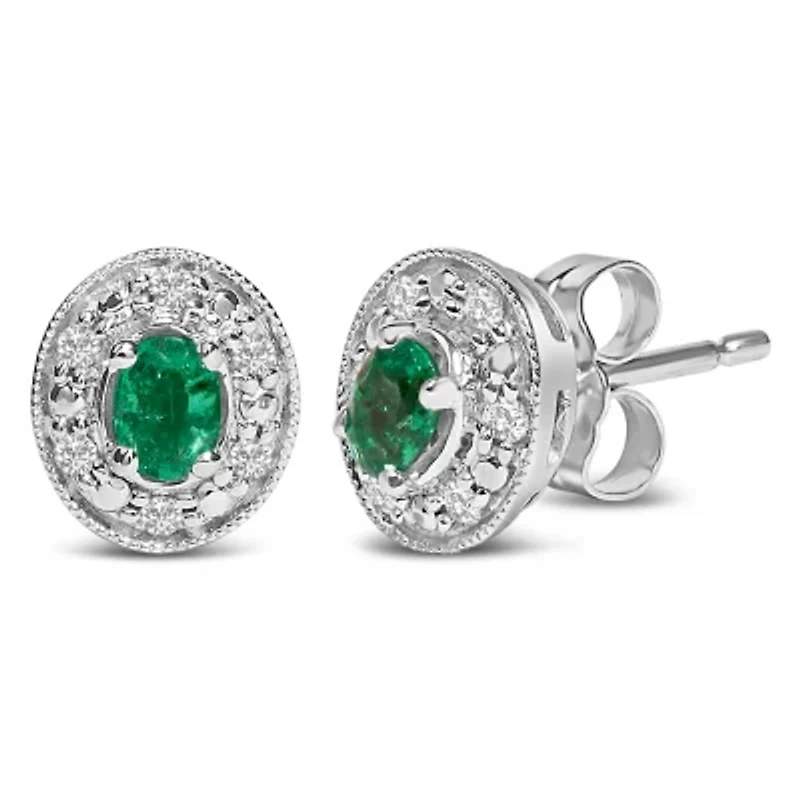 14K White Gold Oval Green Emerald and 1/10 Ct Diamond Halo Stud Earrings