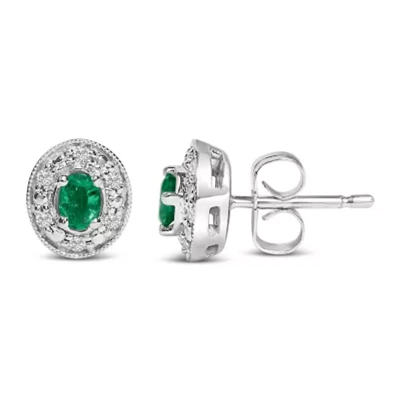 14K White Gold Oval Green Emerald and 1/10 Ct Diamond Halo Stud Earrings